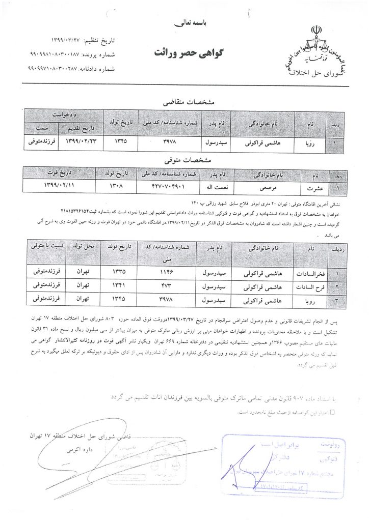 گواهی انحصار وراثت